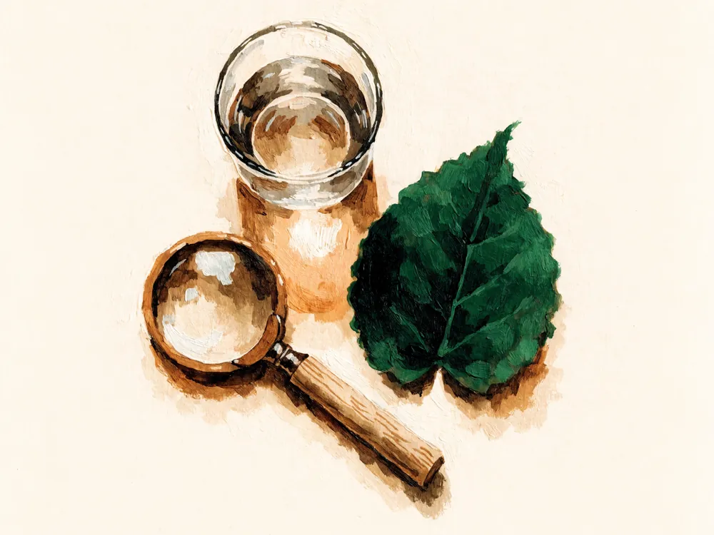 Vue de dessus : un bécher en verre, une large feuille verte et une loupe posés sur du papier crème.