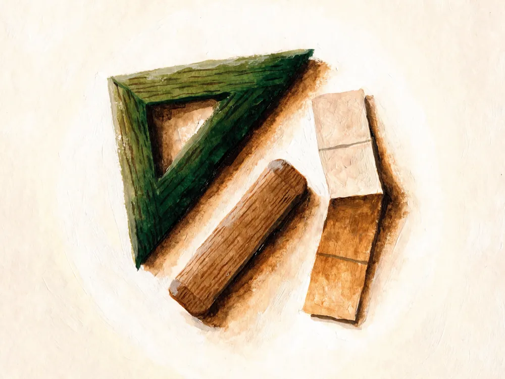 Vue de dessus : une équerre en bois, une règle et une bande de papier pliée en parts égales, posées sur du papier crème.