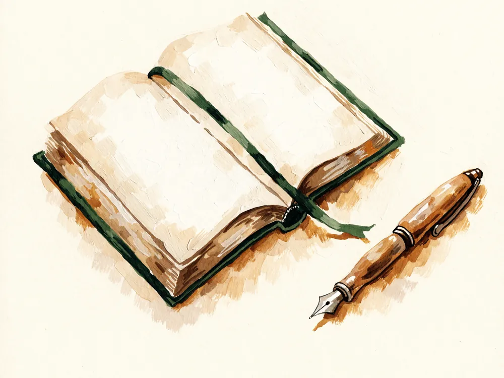 Vue de dessus : un livre ouvert aux pages vierges, un marque-page vert et un stylo plume posé à côté.
